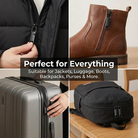 20 Piece Black Zipper Slider Replacement Kit for jackets, luggage, boots, backpacks and clothes shown in use.