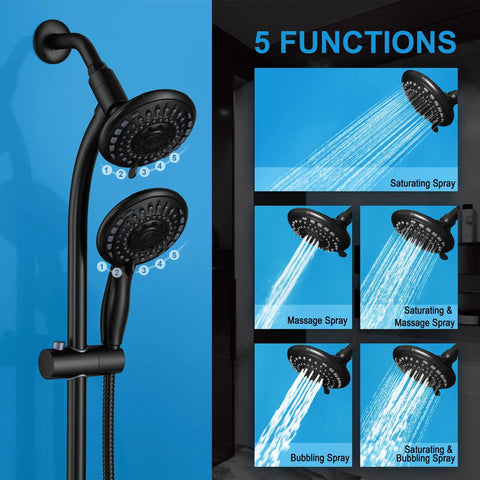 Handheld Showerhead And Rain Shower Combo With 27.5 Inch Drill-Free Stainless Steel Slide Bar 5-Setting Shower Head 5 Foot Hose
