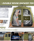 Portable Camping Shower Tent Deluxe Privacy Shelter with Two Rooms and Drain shown at beach and campsite