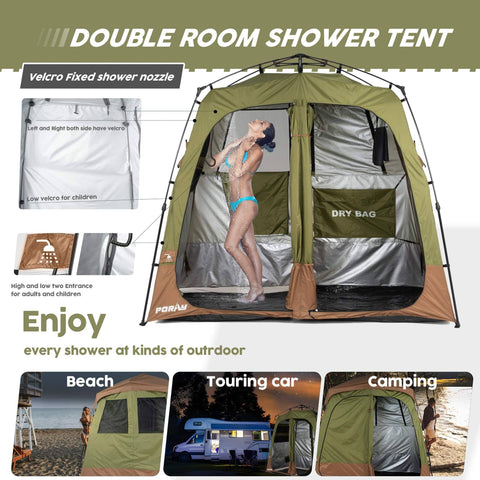 Portable Camping Shower Tent Deluxe Privacy Shelter with Two Rooms and Drain shown at beach and campsite