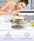 Woman icing a cake on Heavy Duty Aluminum Cake Turntable With Anti Slip Surface Ohuhu 12 Inch Rotating Decorating Stand