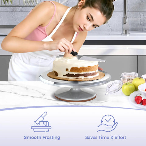 Woman icing a cake on Heavy Duty Aluminum Cake Turntable With Anti Slip Surface Ohuhu 12 Inch Rotating Decorating Stand