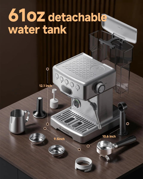 58mm Espresso Machine With PID Temperature Control And Built In Pressure Gauge For Light To Dark Roast Beans, Pro Home Barista Grade 10mm Steam Wand For Lattes And Cappuccinos displayed on a table with accessories