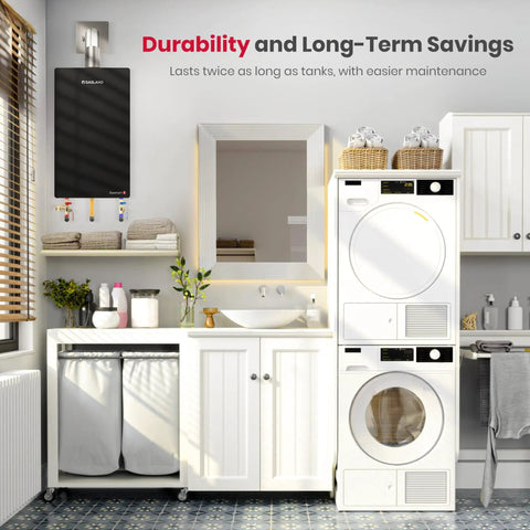 Instant Propane Tankless Water Heater For Indoor Use Whips Up Endless Hot Flow Across The Whole House Pulling A Solid 7 Point 6 Gpm, mounted in modern laundry room.