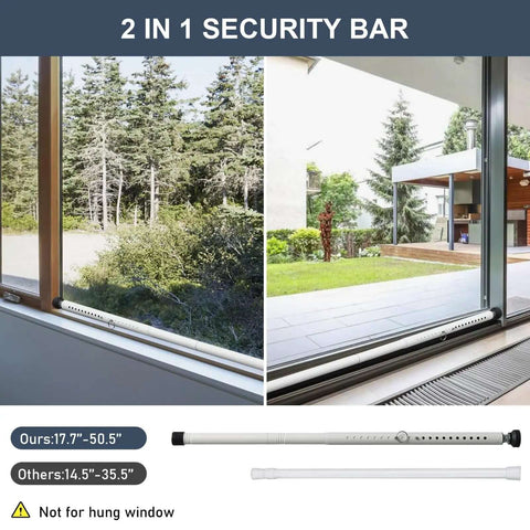 Adjustable Sliding Door Security Bar 17.5 To 50 Inches installed on glass doors and window, showing side view and full product length, white finish.