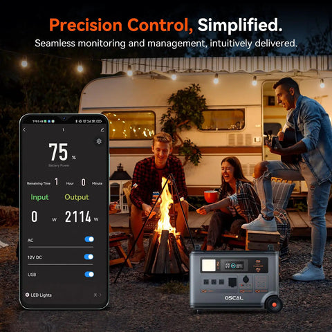 Massive Portable Power Station With LiFePO4 Battery And 6000W AC Output Solar Generator near camping friends by fire.