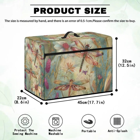 Dragonfly Flowers Sewing Machine Dust Cover With Pockets And Accessories Organizer, dimensions 17.7x12.5x8.6 inches