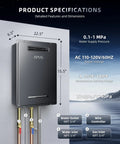 Rock Solid 190000 BTU Outdoor Propane Tankless Water Heater Serves Up A Sweet 8.1 GPM Of Instant Hot Water With Smart WiFi Control front view with specifications and dimensions.