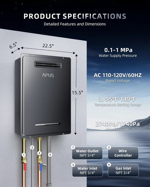 Rock Solid 190000 BTU Outdoor Propane Tankless Water Heater Serves Up A Sweet 8.1 GPM Of Instant Hot Water With Smart WiFi Control front view with specifications and dimensions.