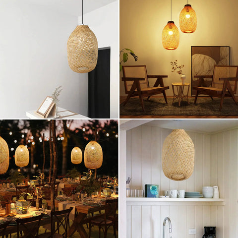 Rustic Bamboo Lamp Cage Pendant Light Shade With Included Dimmable 40W LED Bulb, Natural Finish, Vintage Farmhouse Basket, Kitchen or Dining