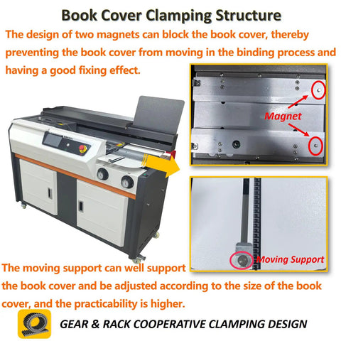 Auto Book Binding Machine A4 With 7 Inch Touch Screen Side Glued Binder showing clamping structure and magnet details