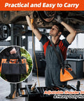 Mechanic using Heavy Duty Tool Tote Bag 14 Inch With Thick Outer Pocket Waterproof Organizer in garage workshop