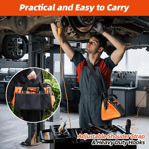 Mechanic using Heavy Duty Tool Tote Bag 14 Inch With Thick Outer Pocket Waterproof Organizer in garage workshop
