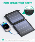 On The Go 10W Foldable Solar Charger With USB C And USB A Outputs connected to phone, showcasing dual solar panels and output ports.