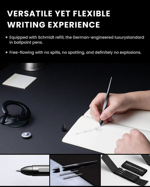 Hoverpen Interstellar Space Black Ballpoint Pen for desk aesthetic with premium futuristic design in use on paper, hand holding pen