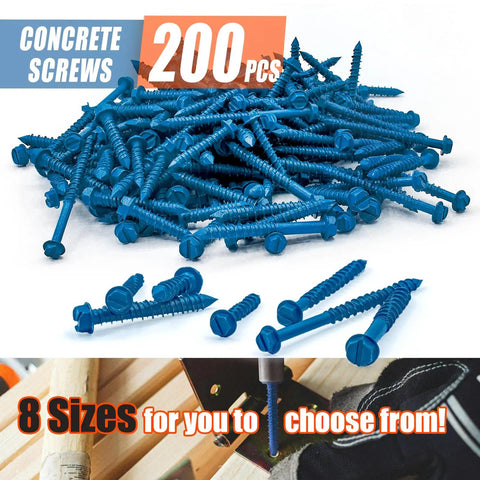 Beefed-Up Concrete Screws Kit With Drill Bits And Driver Bits, 200-Piece Set Of Hex Head Anchors In 7 Sizes For Masonry, Block And Brick
