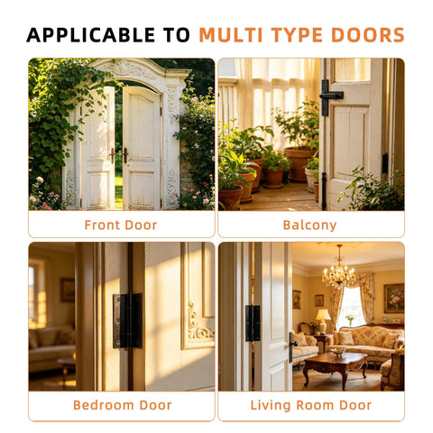 6-Pack Heavy Duty Black Commercial Door Hinges 4.5 By 4.5 Inches Thickened, 304 Stainless Steel With Electroplated Black Finish, Square Corner, Standard Hole Pattern, Built For High Traffic Doors, Durable Professional Grade Hardware on front, balcony, bedroom, and living room doors