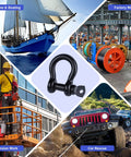 Premium 5/16 Inch Black 316 Stainless Steel Bow And Clevis Shackles D Ring Anchor Rigging Clasp For Sailboats Heavy Duty Marine Hardware Zero Rust Hassle Top Shelf Durability Two Pack displayed in marine and factory settings.