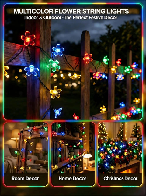 Solar Flower String Lights Outdoor Waterproof 50 LED Fairy Lights Sun Powered For Garden Fence Patio Yard Christmas Tree And Party Decor Multi Color No Fuss Setup glowing on a wooden fence.