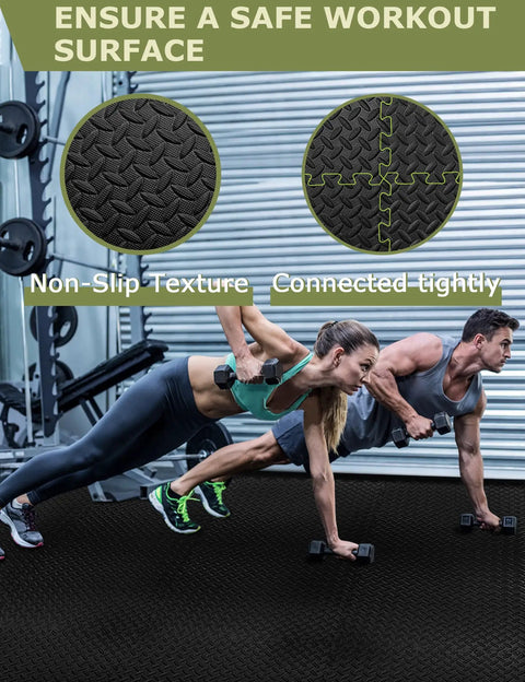 Interlocking Gym Floor Tiles 12 Pack Black Foam Mats for Home Gym and Garage, 23.6 by 23.6 Inch, Three Eighths Inch Thick in use