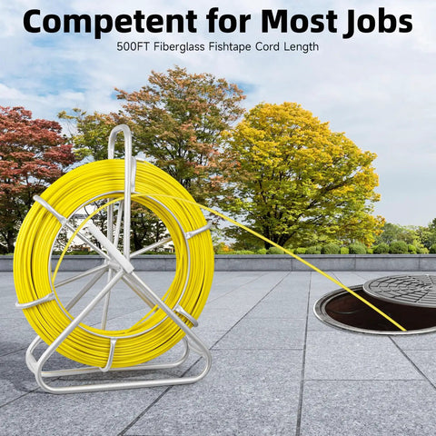 Fiberglass Fish Tape 500Ft One Quarter Inch Duct Rodder Wire Puller with Steel Reel Stand outdoor setup