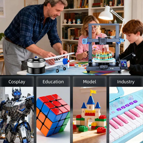 Family using 3D printer with Crystal Clear PLA Filament 1.75Mm 1Kg Spool for creating models and prototypes, showcasing versatility in cosplay and education.