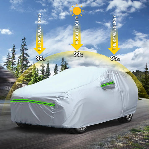 SUV covered with Universal 6 Layer Car Cover For SUVs Up To 190 Inches, All Weather Waterproof Sun Shield, UV protection shown