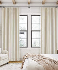 Cozy Pleated Cream Beige Linen Blackout Curtains For Bedroom 90 Inch Length 2 Panels Pinch Pleat Back Tab installed in room