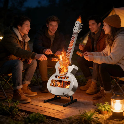 Guitar Shaped Outdoor Fire Pit Stainless Steel Wood Burning With Removable Ash Pan Stand And Carry Bag For Patio Yard Camping Garden Picnic And Bonfire Heating.
