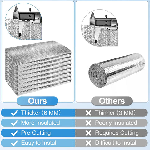 Side-by-side comparison of Top Shelf Garage Door Insulation Kit Hella Thick Double Bubble Reflective Heat Barrier quality and thickness.