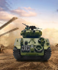 Front view of Remote Control Battle Tank 15 Channel 2.4GHz RC Tank One Twentieth Scale Sherman M4A3 in desert terrain
