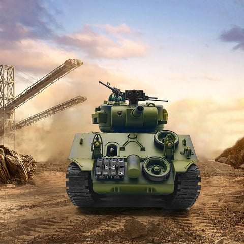 Front view of Remote Control Battle Tank 15 Channel 2.4GHz RC Tank One Twentieth Scale Sherman M4A3 in desert terrain