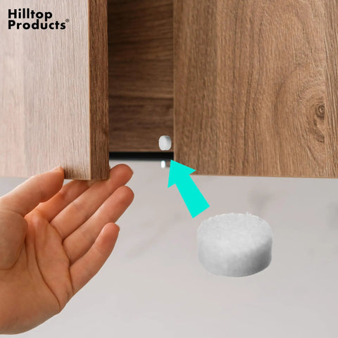 120 Pack Felt Cabinet Bumpers With Strong Self Adhesive Backing White Door And Drawer Pads For Furniture Surfaces in use on a cabinet.