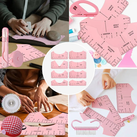 Pink Sublimation Shirt Tool Kit with rulers and tape shown in use for precise shirt design positioning.