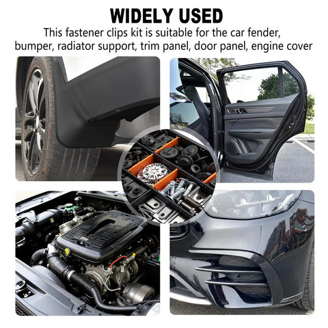 Shop Grade Auto Repair Fastener Assortment With 130 Pieces U Nut Clips Body Bolts Screws And Push Retainers For Bumper Fender Trim Panels No Drama Garage Essential Snap Tight Set used in fender, door panel, and engine compartment.