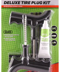 Rock Solid DIY Tire Repair Kit Featuring Eleven Piece Set With Hella Tough Puncture Strings Pro Grip Tools And Quick Dry Rubber Cement Glue For Atvs And Lawn Gear No Sweat Road Ready Fixes Always in packaging.