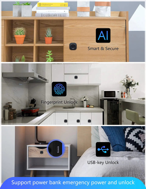 Fingerprint Cabinet Lock Biometric Keyless Privacy For Hidden File Drawers And Wardrobes shown installed on furniture