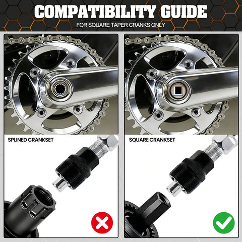 Comparison of splined and square cranksets with Heavy Duty Bike Crank Extractor And Bottom Bracket Removal Tool for compatibility