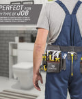 Oil Tanned Leather Tool Belt Rig For Carpenters And Handymen With 8 Pockets And 4 Hammer Loops worn by man in workshop