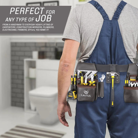 Oil Tanned Leather Tool Belt Rig For Carpenters And Handymen With 8 Pockets And 4 Hammer Loops worn by man in workshop