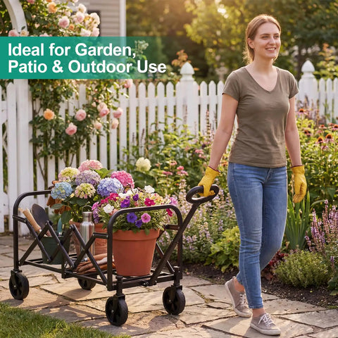 Lightweight Folding Wagon Cart With 350 Lb Capacity For Groceries Camping Gear Garden And Beach Trips Portable Foldable Utility Cart In Black For Everyday Hauling At The Park Farmers Market Or Job Site being used in a garden