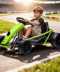 Child riding Kids 24V Electric Go Kart With Dual 300W Motors, 9Ah Battery, 8 MPH Rad Drift Power, outdoor track, green