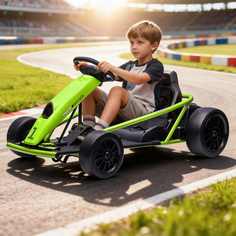 Child riding Kids 24V Electric Go Kart With Dual 300W Motors, 9Ah Battery, 8 MPH Rad Drift Power, outdoor track, green