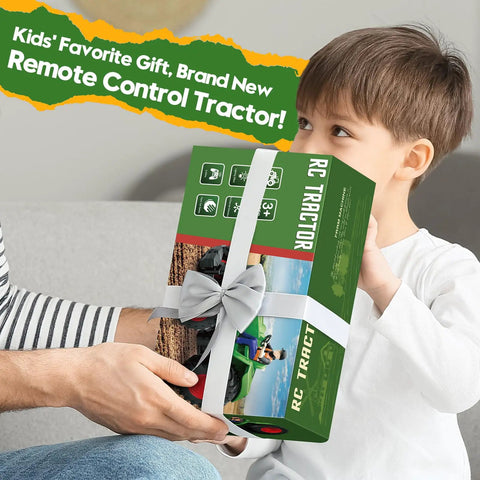 Child receiving Remote Control Tractor Toy for Kids 3 to 5, RC Tractor With Lights and Farmer, 1 to 24 Scale, as a gift