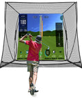 Golfer practicing with 10 X 8 Feet Golf Cage Practice Net With HD Impact Screen And Simulator, Indoor And Outdoor Setup