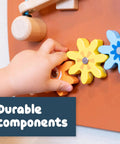 Child playing with gears on Horse Themed Activity Wall Panel With Two Interactive Activities For Toddlers Kiddo Friendly Montessori Sensory Busy Board Toy Safe Non Toxic Wood Ages 18 Months Plus Ideal Toddler Room Decor