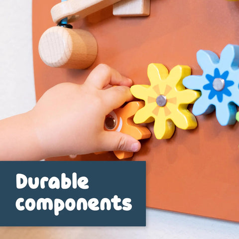 Child playing with gears on Horse Themed Activity Wall Panel With Two Interactive Activities For Toddlers Kiddo Friendly Montessori Sensory Busy Board Toy Safe Non Toxic Wood Ages 18 Months Plus Ideal Toddler Room Decor