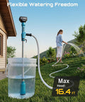 Woman using Cordless Stick Water Pump With 2.2 Inch Head Battery Powered Utility Pump for garden watering; pump in clear container