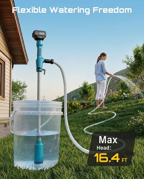 Woman using Cordless Stick Water Pump With 2.2 Inch Head Battery Powered Utility Pump for garden watering; pump in clear container