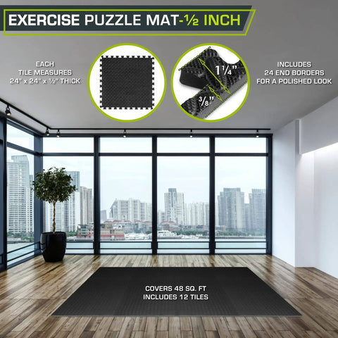 Interlocking Puzzle Foam Floor Tiles Half Inch Thick For Home Gym And Kids Play Areas EVA Cushioned Mats Non Slip Black Tiles 48 Sq Ft Pack Of 12 For Floor Protection And Comfortable Workouts displayed in modern room.